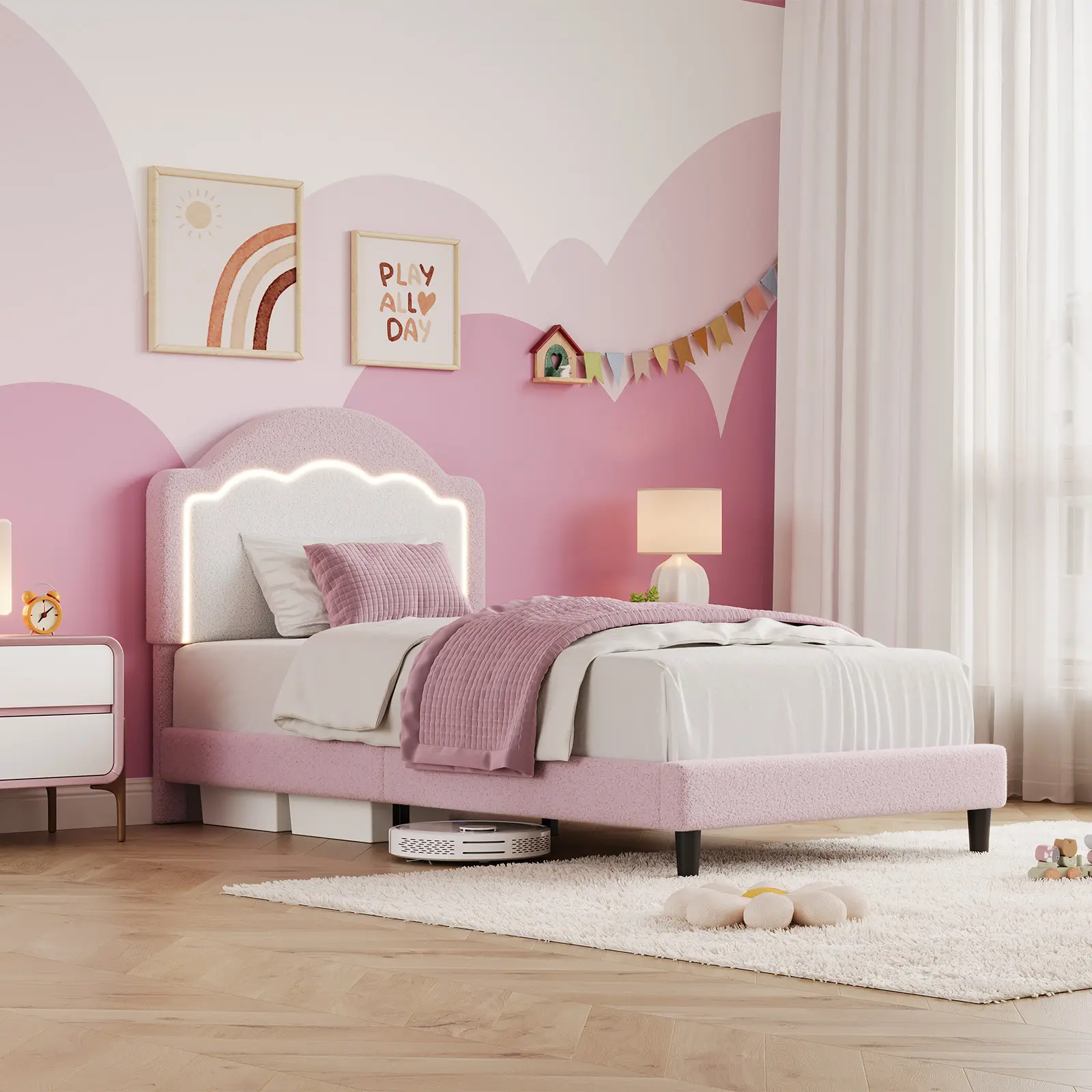 【Garvee】Twin Size Upholstered LED Bed Frame with Headboard – Kids' Plush Lamb Fur Princess Platform Bed, Wooden Slat Support – No Box Spring Needed