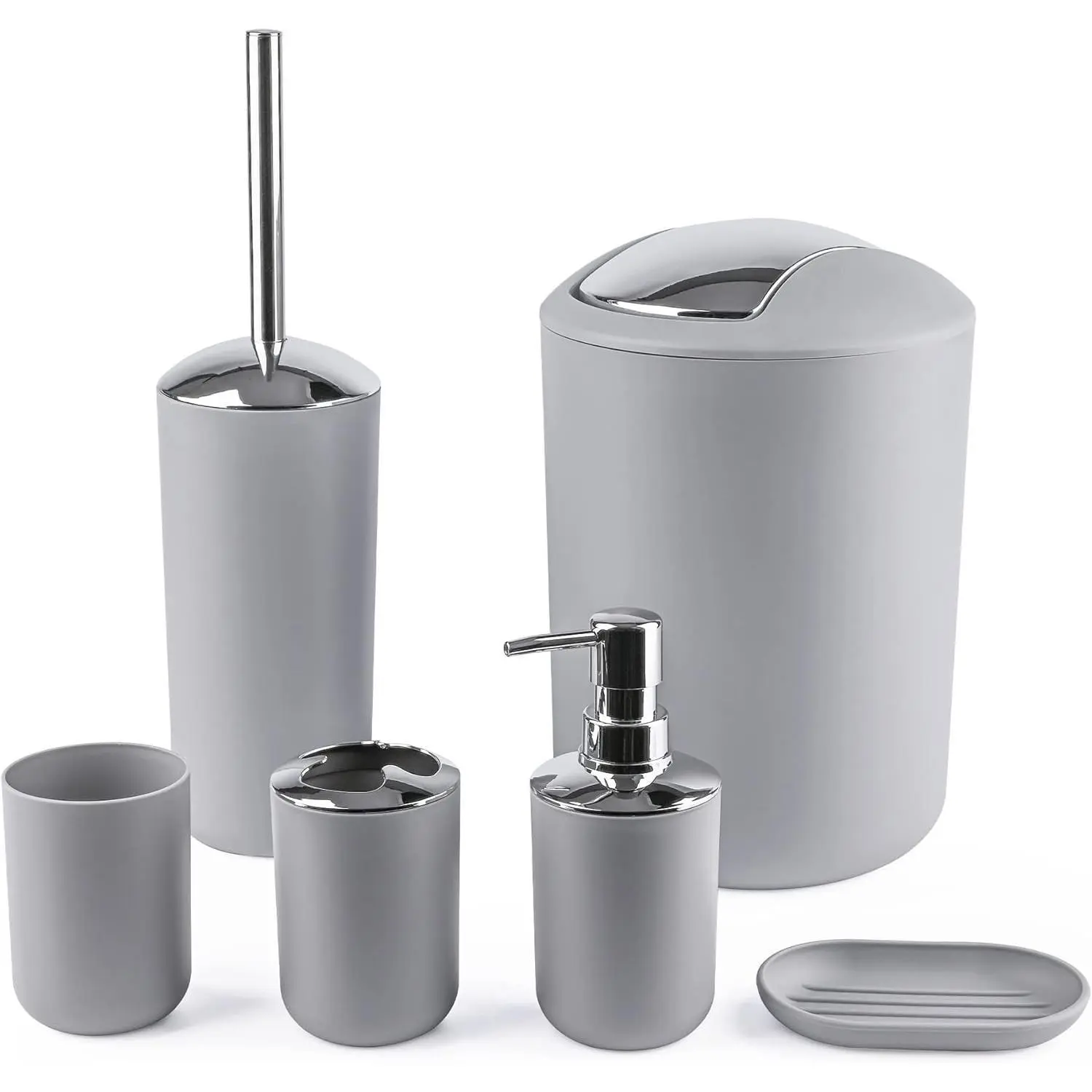 6 Piece Gray Plastic Bathroom Accessories Gift Set - Includes Toothbrush Holder, Toothbrush Cup, Soap Dispenser & Dish, Toilet Brush Holder, Trash Can, Tumbler Straw Set