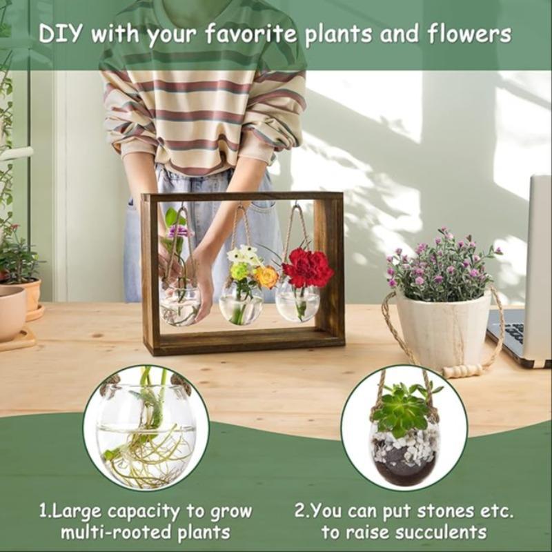 Wooden Plant Propagation Stations, 1 Set Vintage Glass Terrarium with Wooden Stand, Desktop Air Plant Propagation Vase for Home Office Garden Decor