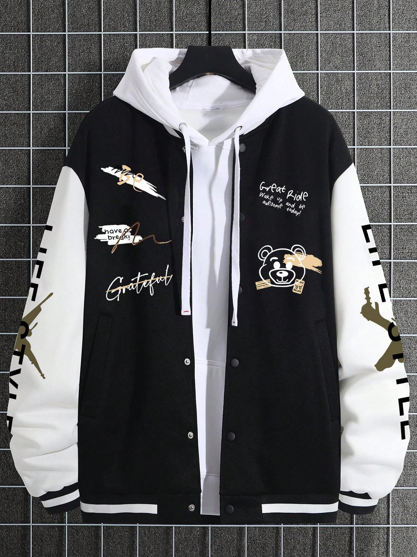 Men's Cartoon Bear & Letter Print Drop Shoulder Varsity Jacket without Inner Top, Loose Casual Preppy Style Long Sleeve Pocket Button Front Outerwear for Daily Wear, Men's Clothes for All Seasons Casual Fashion Jacket