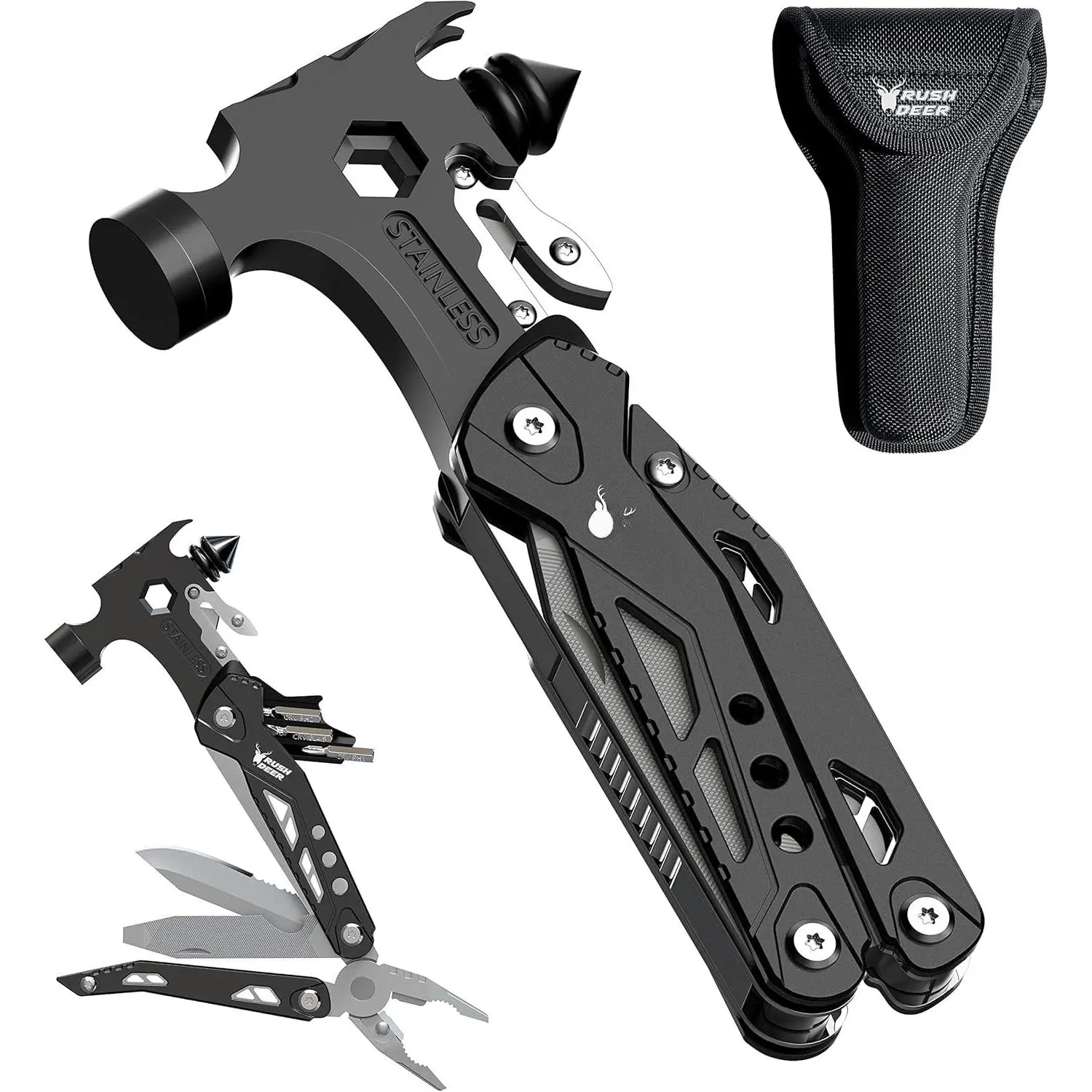 Camping Essentials Multitool,16 in 1 Multi Tool  Gear with Hammer, Pliers, , Screwdrivers, Bottle Opener &  Safety Hammer, for Camping, Hiking,  for Dad Him