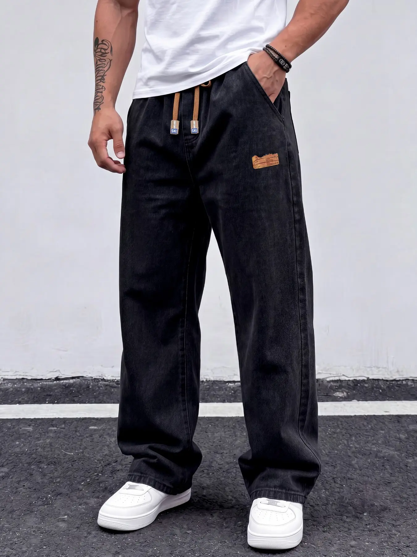 Four season men's solid color elastic drawstring waist straight leg jeans, casual straight leg versatile version, denim pants