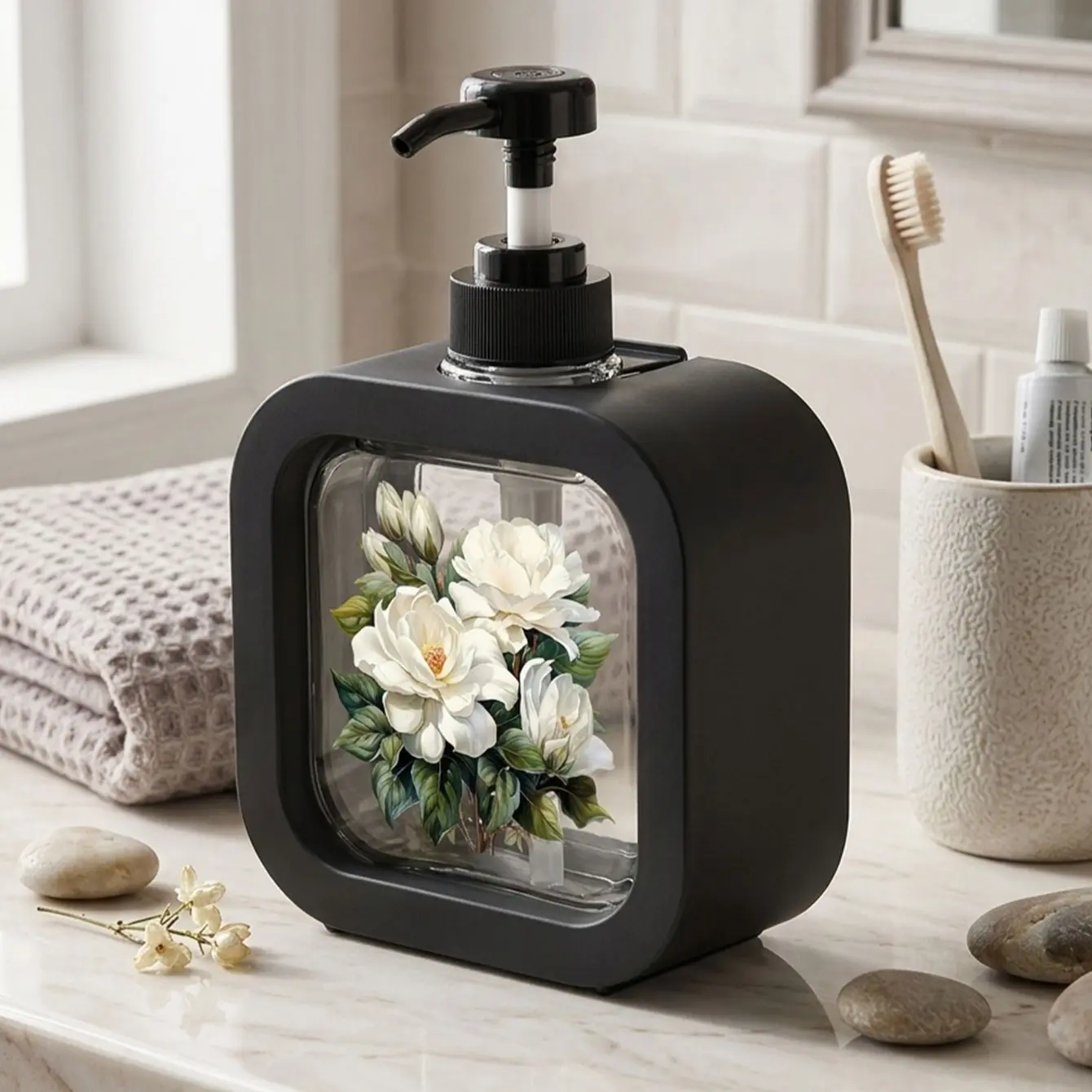 Matte Frame Magnolia Press Dispenser Bottle, Vintage Transparent Pump Bottle, Large Capacity Bathroom Soap Liquid Bottle, Soap Dispensers