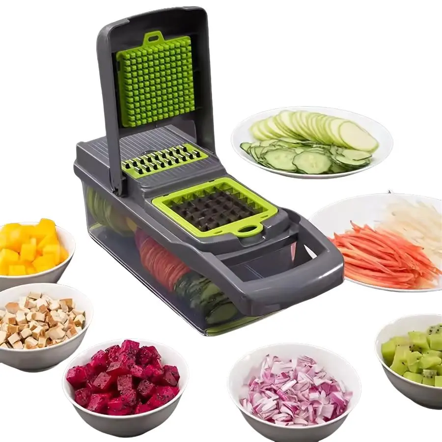 14-In-1 Vegetable Cutter, Multi-Functional Manual Fruit Slicer, Plastic, Slice Dice Shred, with Container, Ideal for Onions Potatoes Tomatoes Cucumbers Carrots
