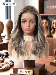 Topshe Highlights Lace Wig, 18 Inches, Natural Dark Root to Blend, Versatile for All Occasions, Perfect for Round Faces