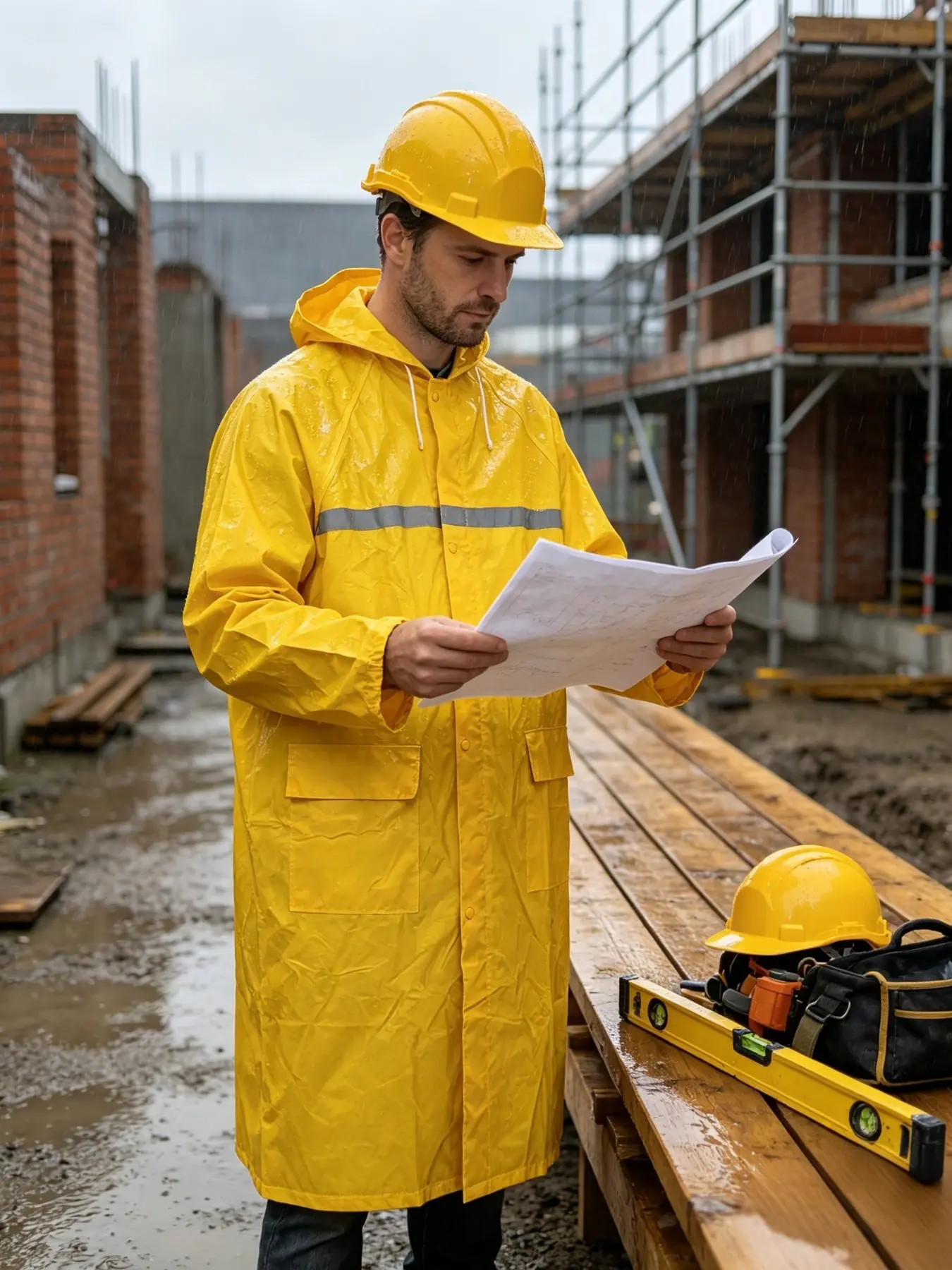 Bright Hooded Outdoor Raincoat with Reflective Stripes, Waterproof Long Coat, Full Body Cover, Unisex Loose Fit, Ideal for Construction and Shipping