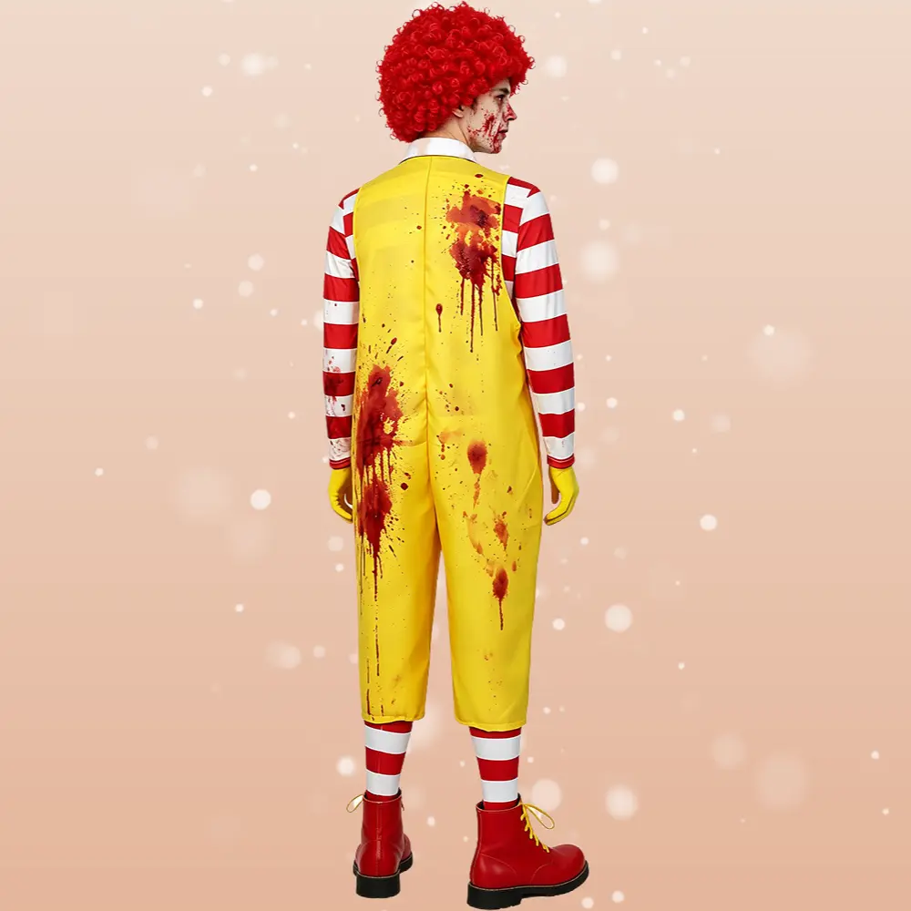 Zombie Bloody Ronald Clown Overall Cosplay Outfit - Loose, Breathable Fabric, Matching Scary Costume for Halloween, Escape Room Role-Play