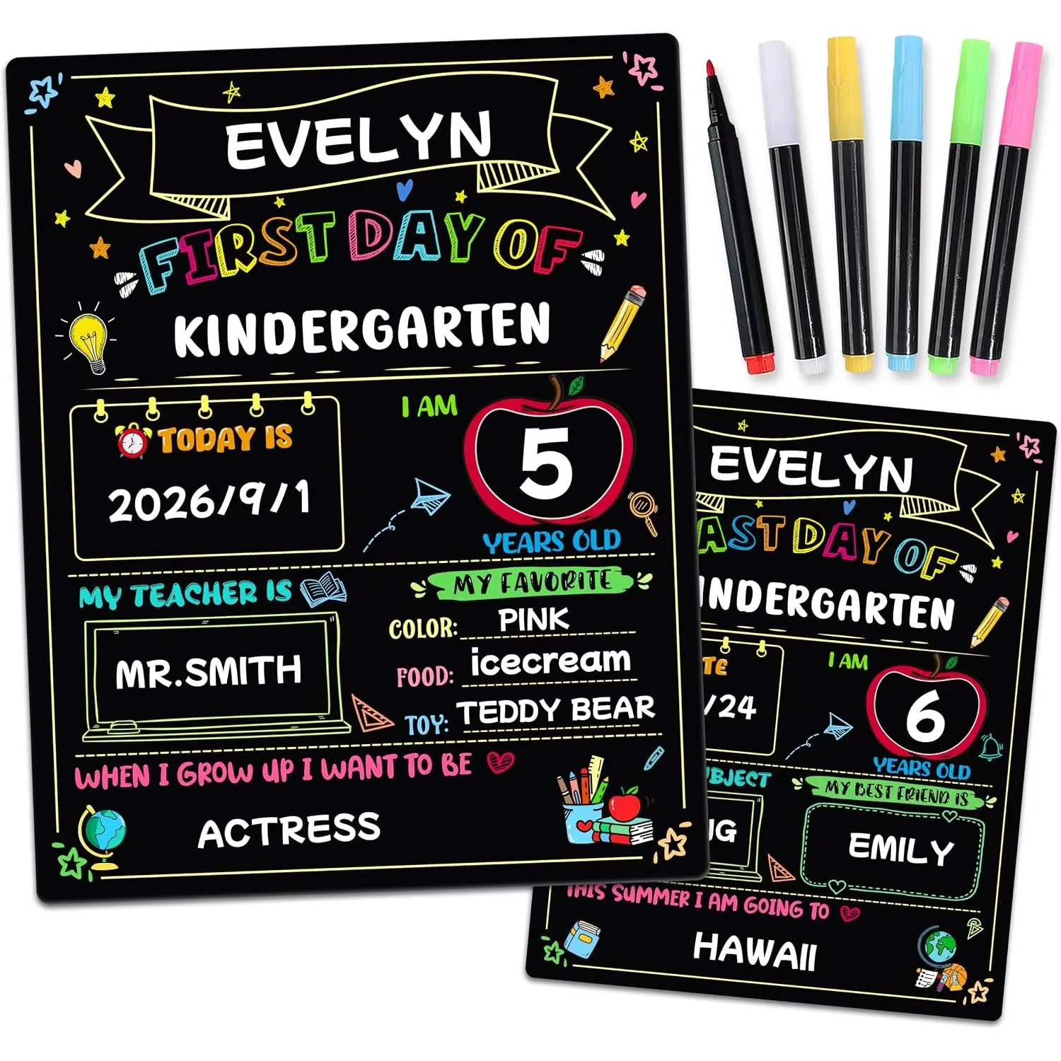 of School Chalkboard with 6 Liquid Chalk Markers 14"x11" | Double Sided   to School Board, First and Last Day of School Board Photo Prop for