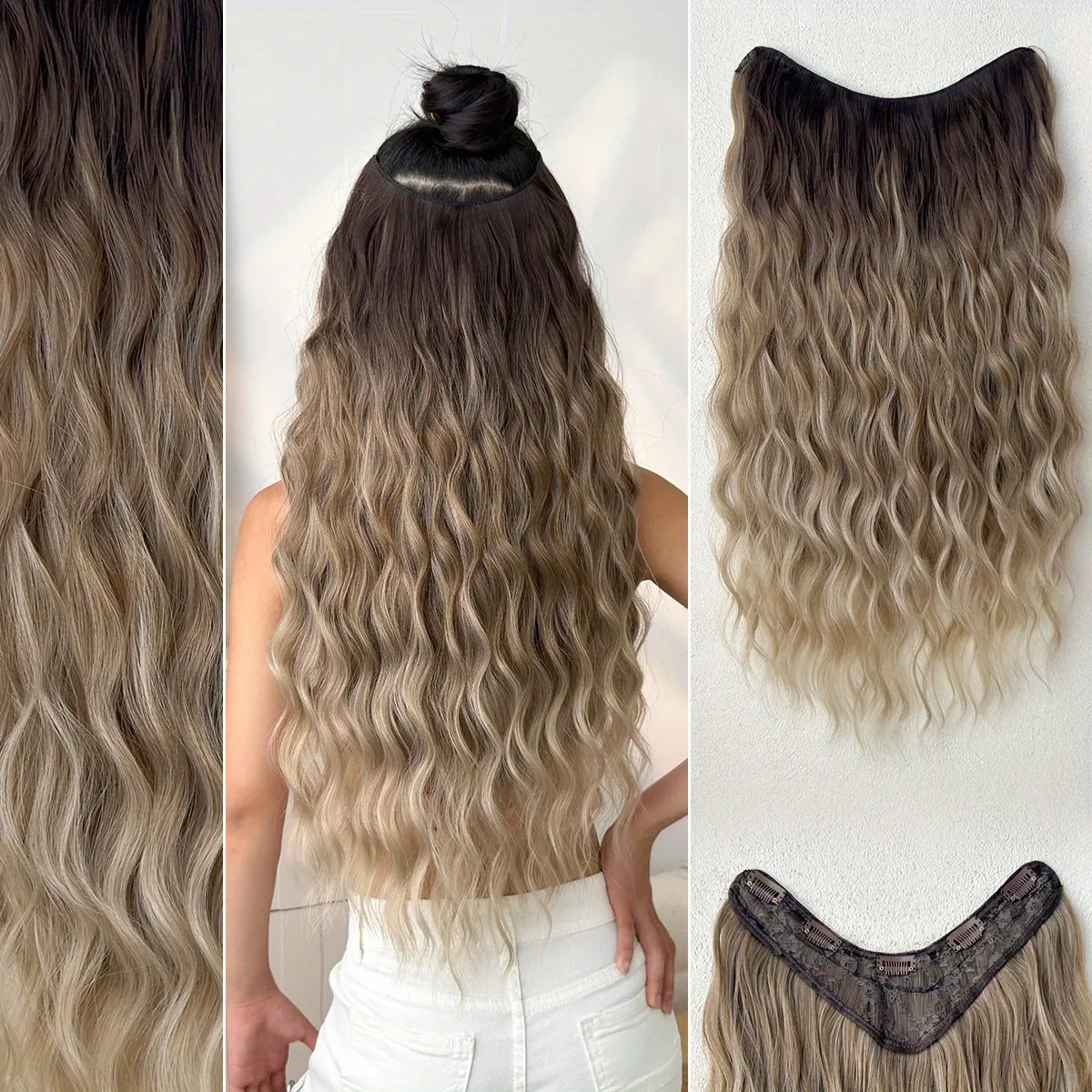 Clip in Hair Extensions V-Shaped Ombre Black Color 60.96 cm Long Water Wave Wavy Loose Wavy Wave Heat Resistant Fiber Synthetic Hairpiece for Women Party Daily Use