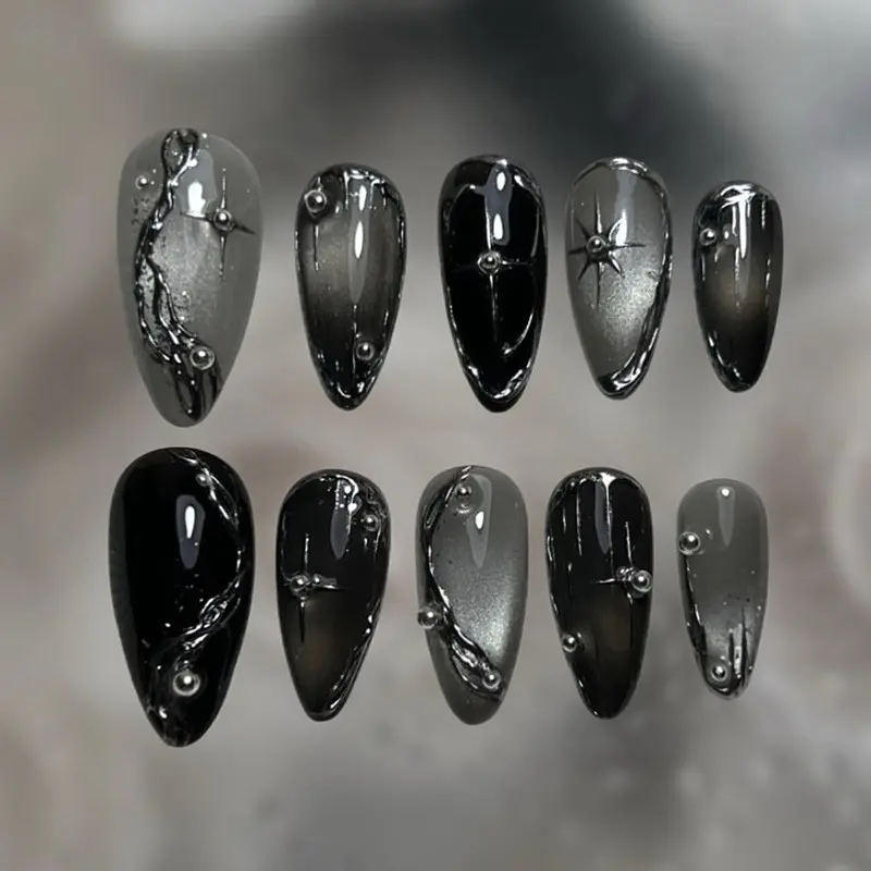 30pcs Handmade Cat Eye Press on Nails, Removable False Nails, Long Almond Shape, Metallic Star Cross Bead, Reusable Glue on Nail Kit, Alt Emo Y2K Aesthetic, Decorative Nails, Fake Nails