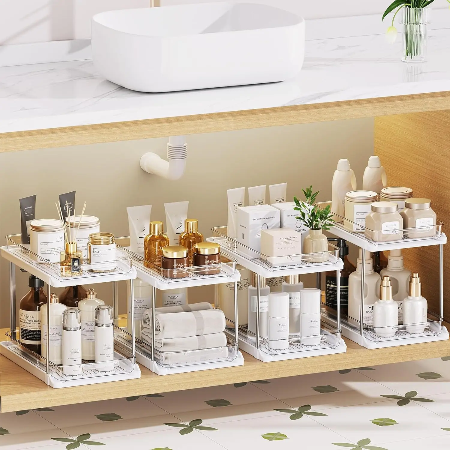 4-Pack White 2-Tier Pull-Out Under Sink Organizer Set, Anti-Slip Cabinet Drawers for Bathroom, Kitchen Home Storage Organization, Two-Tier