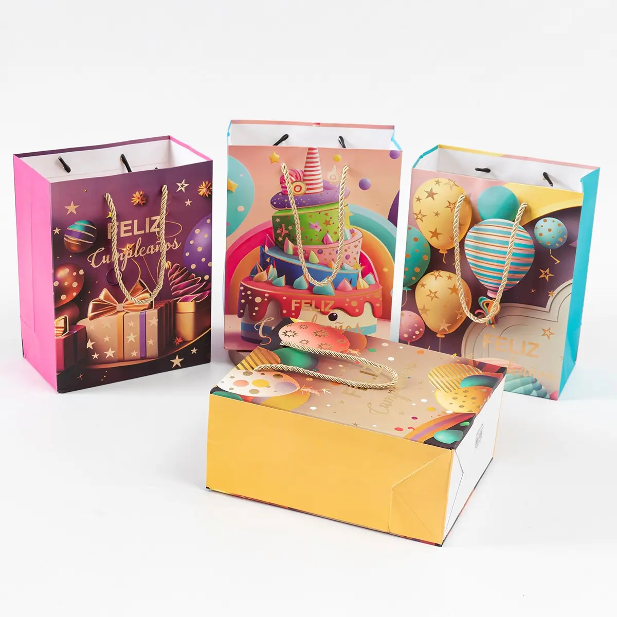 Childish Cartoon Spanish Birthday Gift Bag, Colorful Cake Balloon Print, Braided Rope Handle, Thick Card, Durable, 12pcs, 18x10x23cm