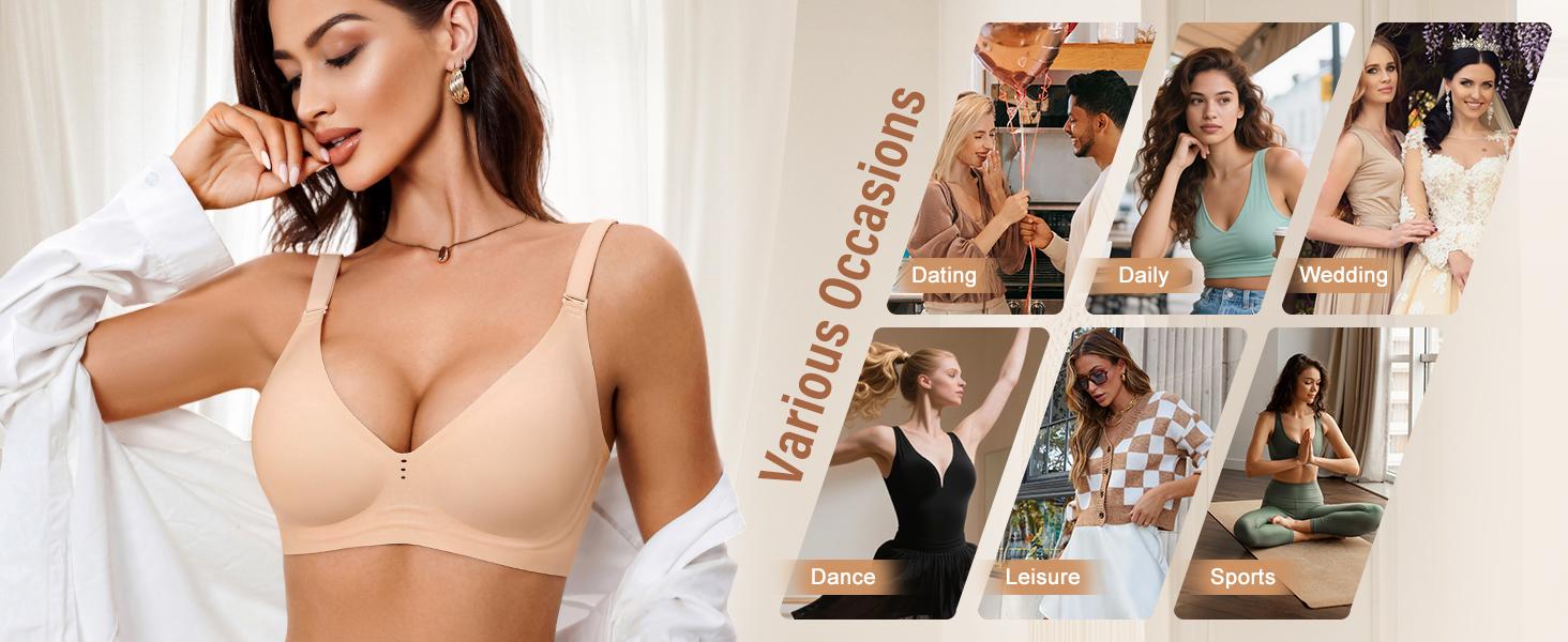 Wireless and Seamless Jelly Bra for Women - No Underwire Push Up Deep V Bras for Womens - Back Support Sports Bralette