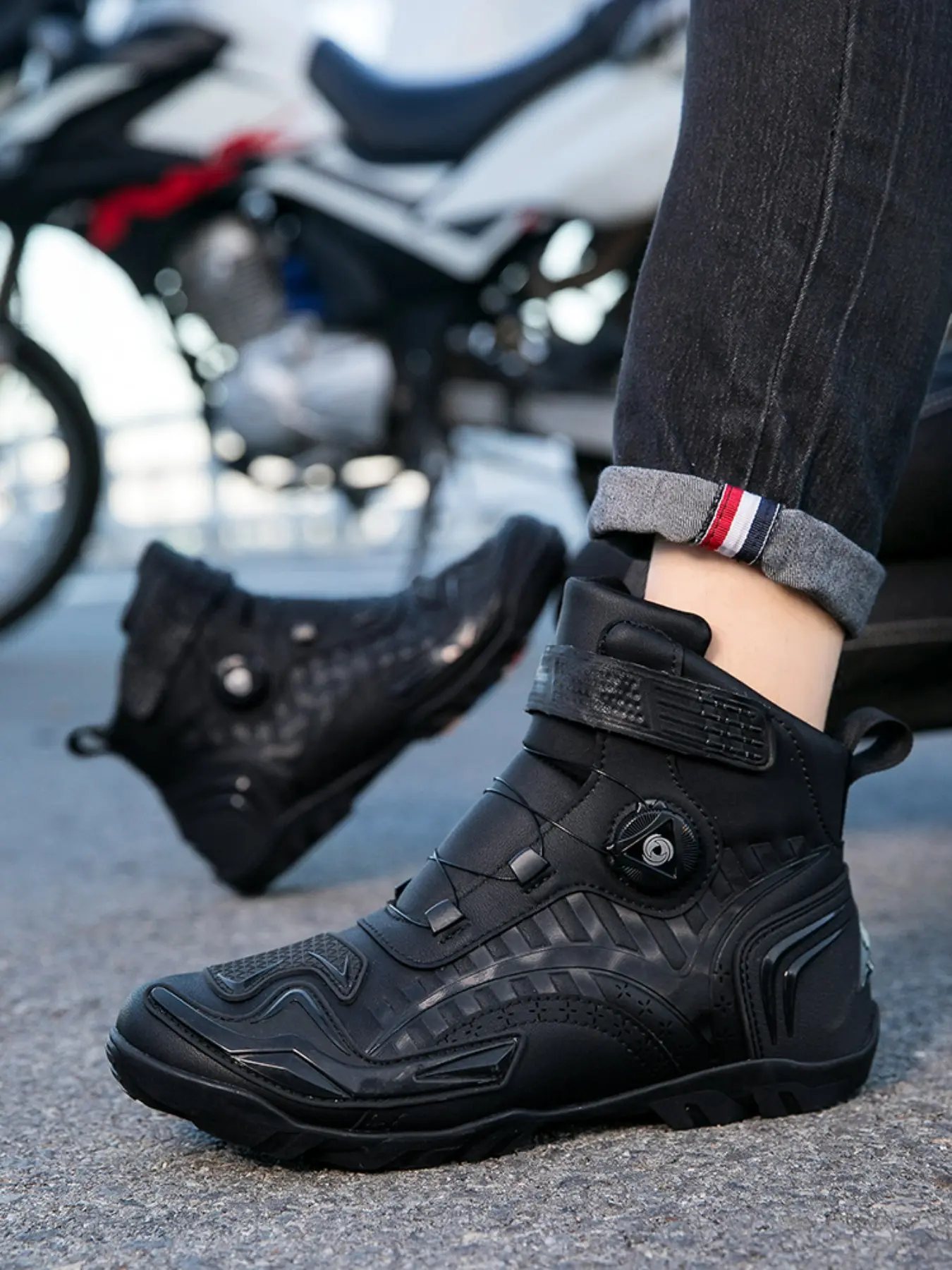 Men's Motorcycle Riding Boots, Side Ankle Boots, Anti-Slip Durable Comfortable Rubber Racing Shoes, Waterproof Protective Design, Ideal for Motorbike Enthusiasts