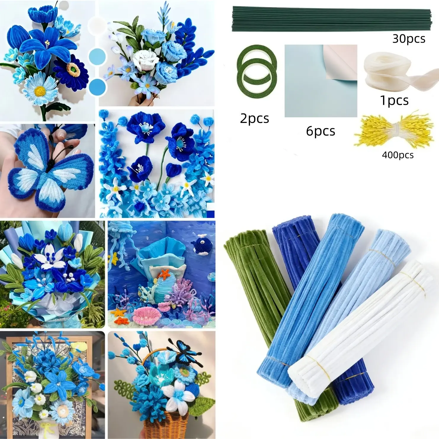 500 Piece Pipe Cleaner Flower Kit, 5 Color Pipe Cleaner Craft, Chiffon Stem Flower Kit, DIY Wedding Bouquet, Party Decor, Graduation Gift, Artificial Flowers Kit, Artificial Flower Decorations, DIY Flower Arrangements, Floral Decoration, Fake Floral Decor