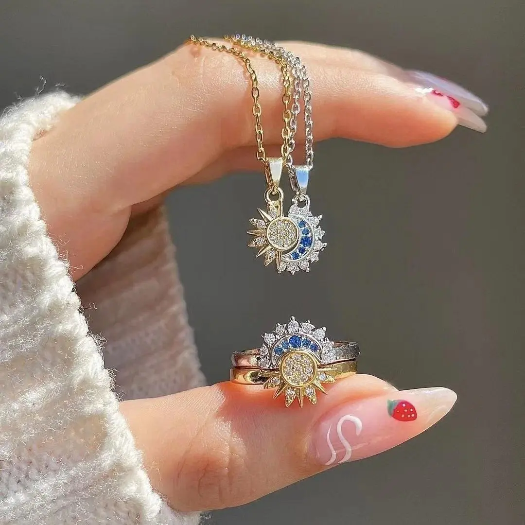 Women's 3-Piece Retro Diamond-Set Sun and Moon Pendant Necklace & Open Ring Gift Set, Daily Fashion Costume Jewelry, Gifts for Women lewis hamilton tarnish proof, Matching Couple Necklaces, Dual Combo Necklaces