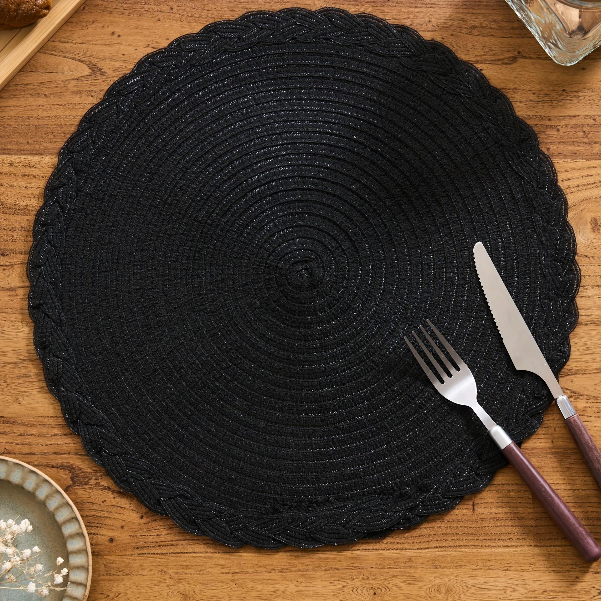 4/6/12pcs Round Woven Placemats with Lace Trim, 29.97 cm - Solid Color Options, Retro Style Kitchen Table Decor Mats for Bowls & Cups, Non-Slip Pads Suitable for Holiday Gatherings, Birthday Parties, Wedding Dinners, and Home Décor