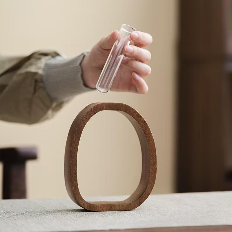 Natural Solid Walnut Wood Hydroponic Plant Stand, Mini Glass Tube Tabletop Planter, Modern Minimalist Home Office Decor