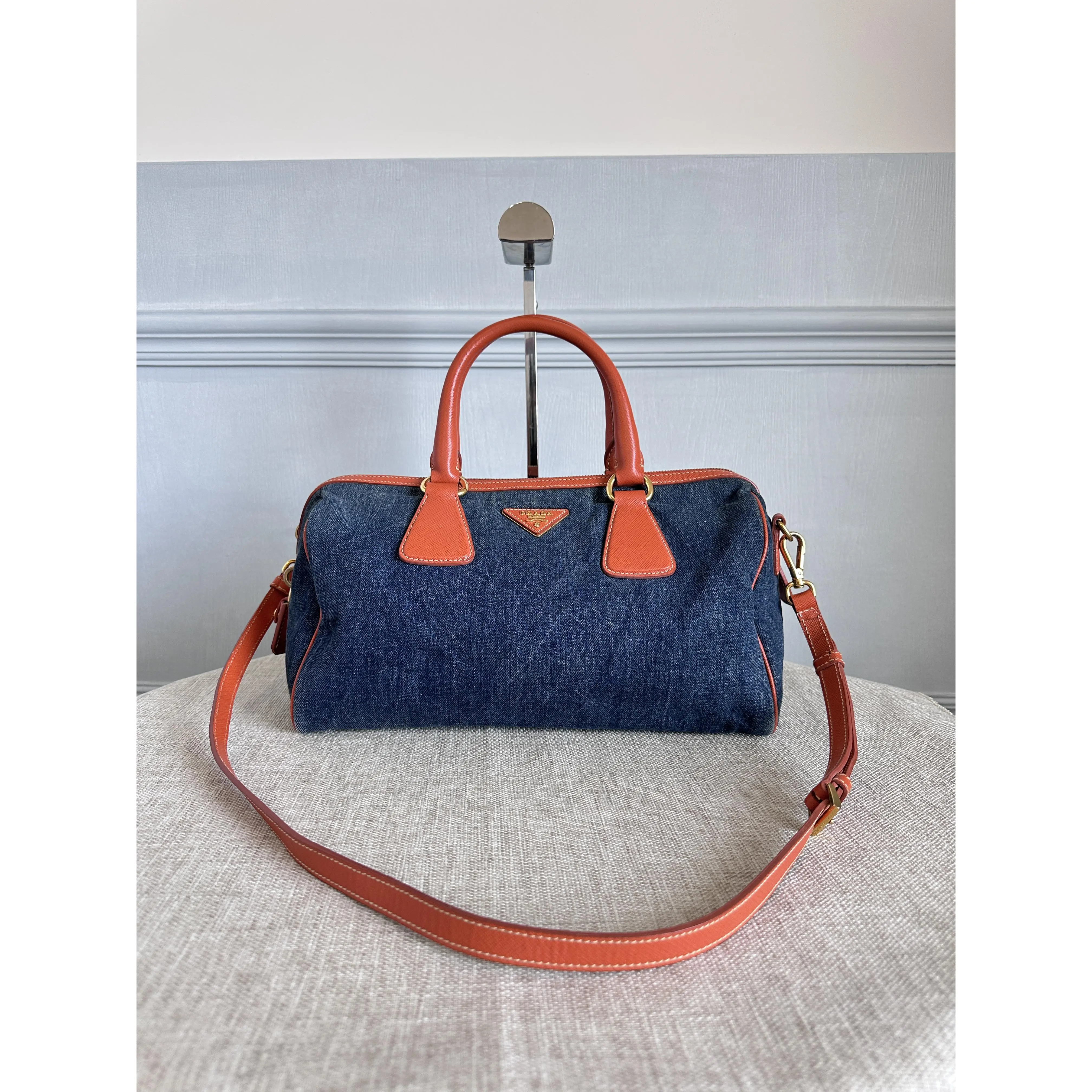Pre-owned PRADA Denim Saffiano Trim Boston 2 Way Handbag