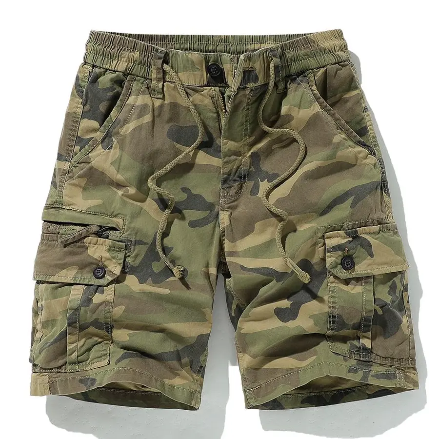Men's Elastic Waist Dual Drawstring Camo Print Cargo Shorts Button Flap Side Pockets Regular Cut Knee Length Bottoms For Outdoor Hiking Camping Street Skate And Multiple Summer Casual Outdoor Occasions#SummerWins