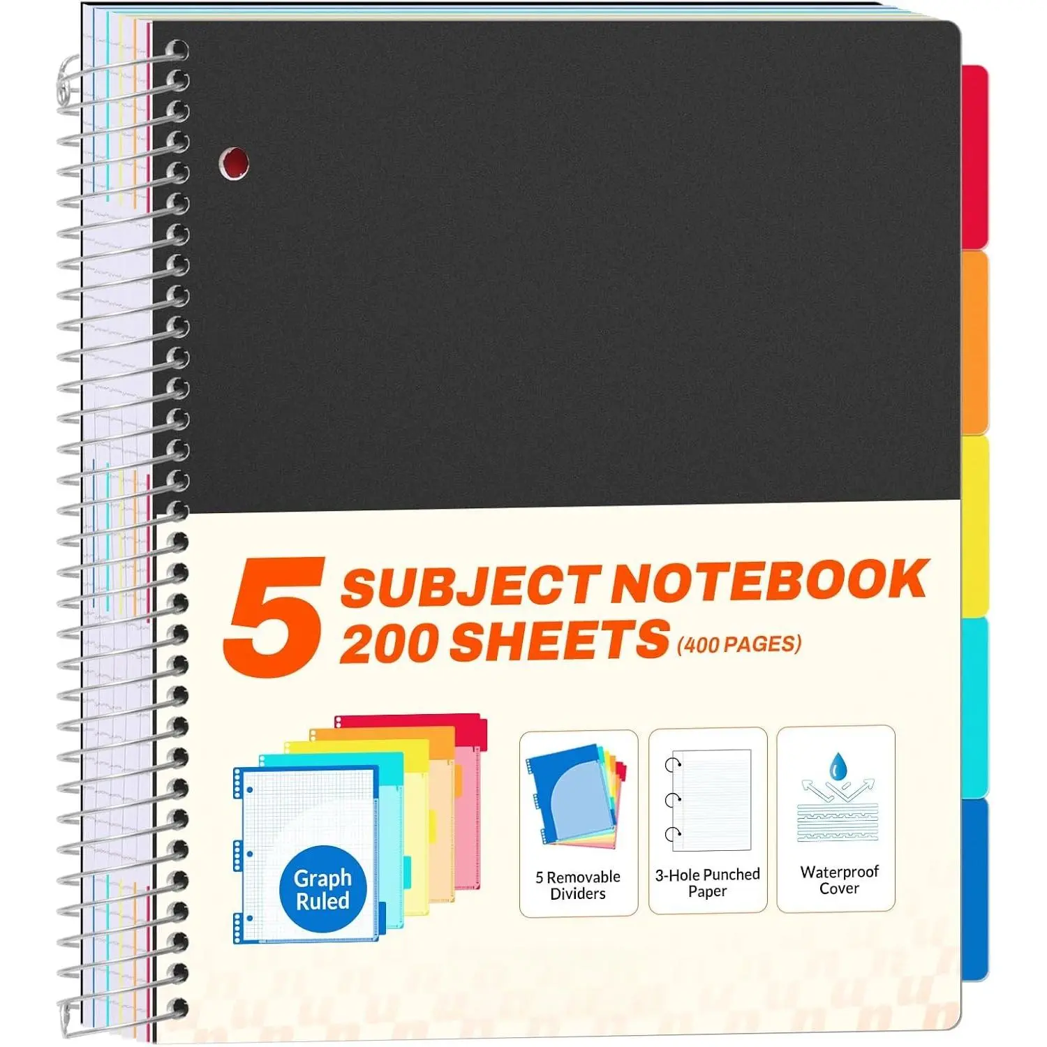 5 Subject Graph Paper Notebook - 400 Pages, 9"x11", 4x4 Graph Ruled Notebook, 5 Pocket Colored Dividers, 3-Hole Punched Paper, Black