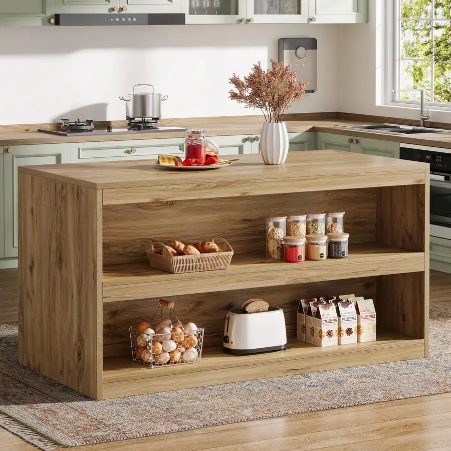 59-Inch Farmhouse Stationary Island Table - Rectangular MDF Wood Indoor Cupboard with Storage, Large Worktop, 2-Tier Breakfast Counter, Adjustable Foot Pads, Robust & Sturdy Construction, Wipeable Clean, Assembly Required, No Extras