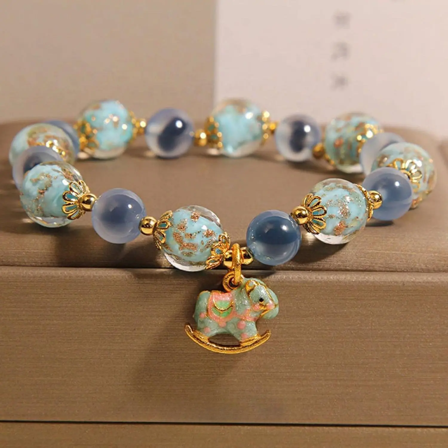 Dainty Beaded Bracelet for Women with Rocking Horse Pendant, Light Blue Pastel Stretch Band with Floral Inlay for Daily Wear, Blue Beaded Bracelets & Bangles, Bracelet Stacking