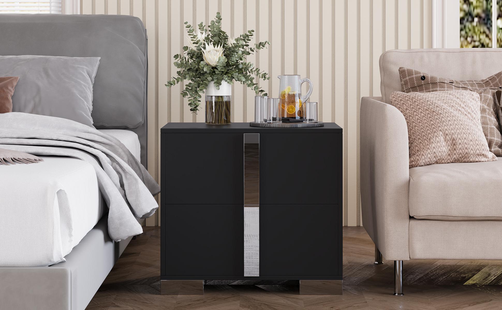 ARCH Modern End Table with Drawers and Mirrored Handles Elegant Nightstand with Sturdy Metal Foot Wood Bedside Sofa Side Table for Bedroom Living Room Office Home Decor Storage Black ARCH Modern End Table with Drawers and Mirrored Handles Elegant Nightstand with Sturdy Metal Foot Wood Bedside Sofa Side Table for Bedroom Living Room Office Home Decor Storage Black