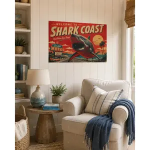 Welcome to Shark Coast Canvas Wall Art, Retro Coastal Shark Poster, Vintage Beach Motel Ocean Decor for Living Room Bedroom Office, Poster or Wrapped Canvas,wall decor,poster.