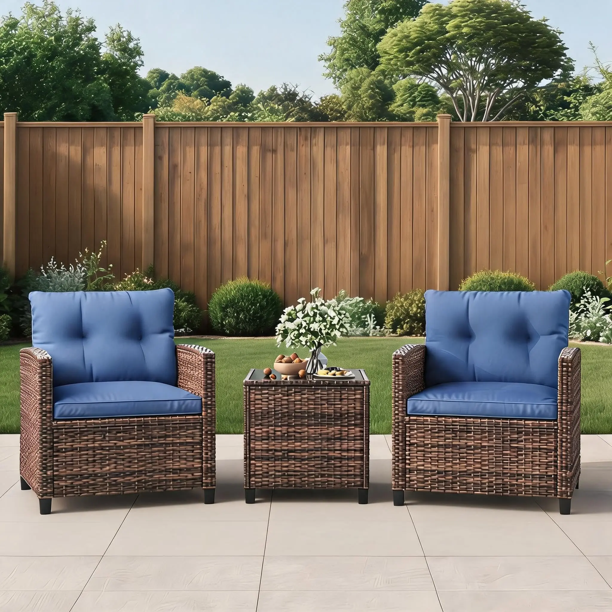 GARVEE 3 Pieces Patio Furniture Set, PE Rattan Patio Conversation Set with Tempered Glass Tabletop, Outdoor Wicker Chairs and Table Set for Patio Balcony Garden, Brown & Blue