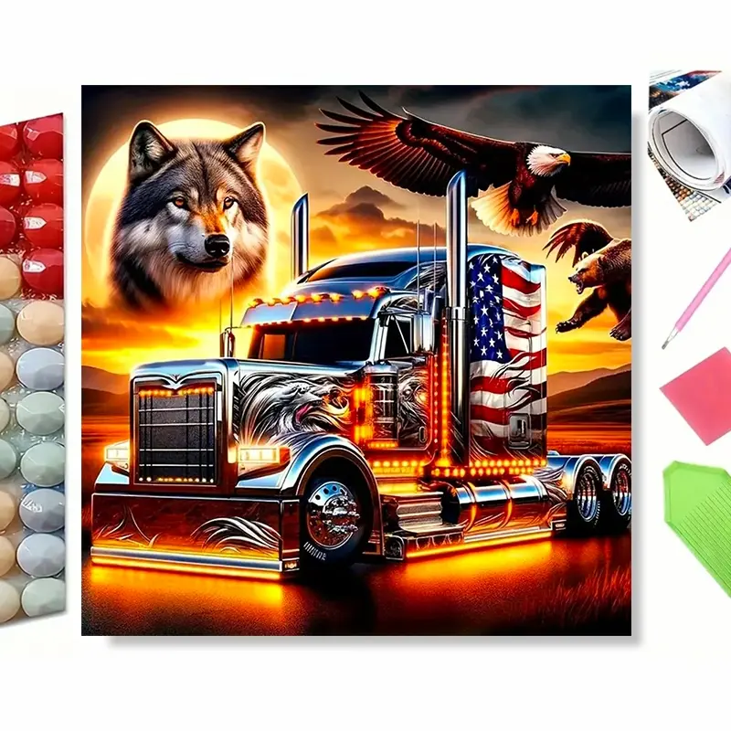 5D Diamond Painting Kit, American Heavy‑Duty Semi Truck With USA Flag, Wolf, Eagle and Bear Wildlife Art, Full Drill DIY Diamond Art, Western Sunset Prairie Landscape, Wall Hanging Decor, Handcraft Art Gift