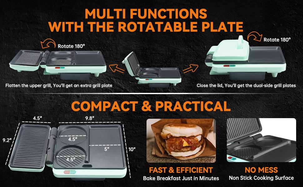 Breakfast Sandwich Maker, Nonstick Electric Griddle & Grill Combo, 3 in 1 Breakfast Station, Make Egg Muffin Sandwiches Burgers Hot dogs & Pancakes, Includes Burger Press, Tong & Brush Breakfast Sandwich Maker, Nonstick Electric Griddle & Grill Combo, 3 in 1 Breakfast Station, Make Egg Muffin Sandwiches Burgers Hot dogs & Pancakes, Includes Burger Press, Tong & Brush