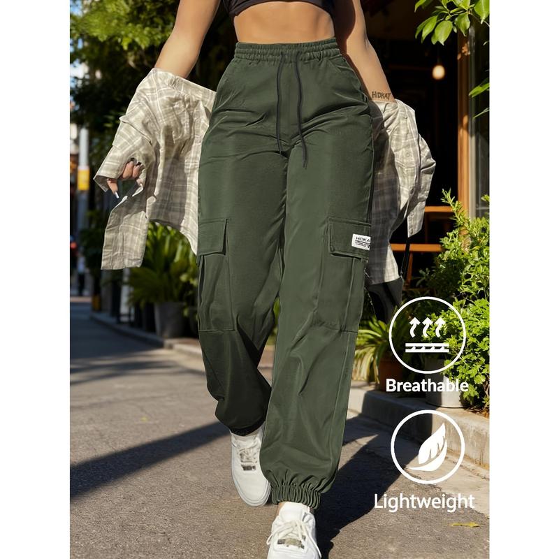 Women's Trendy Solid Color Knitting Nylon Blend Cargo Pants - Non-Stretch Durable Fabric, Adjustable Drawstring Waist, Roomy Secure Functional Pockets, Relaxed Fit Streetwear, Machine Washable, Cool Iron, Do Not Bleach, for Daily Casual, Outdoors
