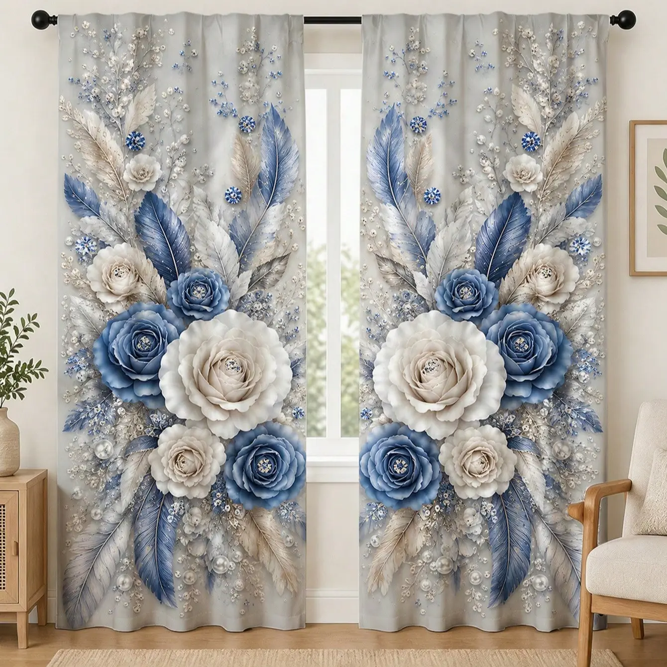 2pcs French Blue Rose Feather Curtains, Vintage Luxury Floral Print Drapes, Rod Pocket Living Room Decor, Boho Chic Bedroom Window Treatments