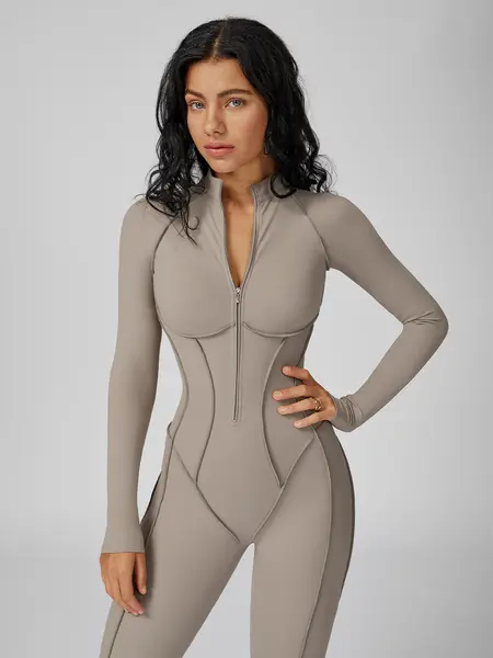 Women's Zipper Mock Neck Bodysuit, High Stretch Fitted Sports Jumpsuit, Casual Sporty Underwear for Women, Tight Fitting Jumpsuit Women's Zipper Mock Neck Bodysuit, High Stretch Fitted Sports Jumpsuit, Casual Sporty Underwear for Women, Tight Fitting Jumpsuit