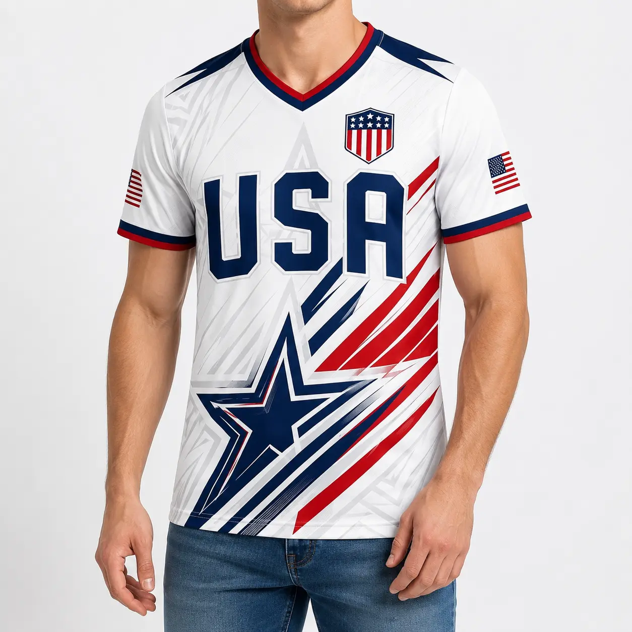 USA Patriotic V Neck Soccer Jersey, Men Women Red White Blue Short Sleeve Sports Fan Shirt, 4th of July Independence Day Outfit, Lightweight Summer Top,clothes，outfits，men's wear，men fashion，summer men clothes，fashion men clothes,4th of july shirts
