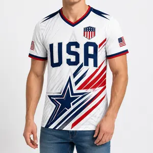 USA Patriotic V Neck Soccer Jersey, Men Women Red White Blue Short Sleeve Sports Fan Shirt, 4th of July Independence Day Outfit, Lightweight Summer Top,clothes，outfits，men's wear，men fashion，summer men clothes，fashion men clothes,4th of july shirts