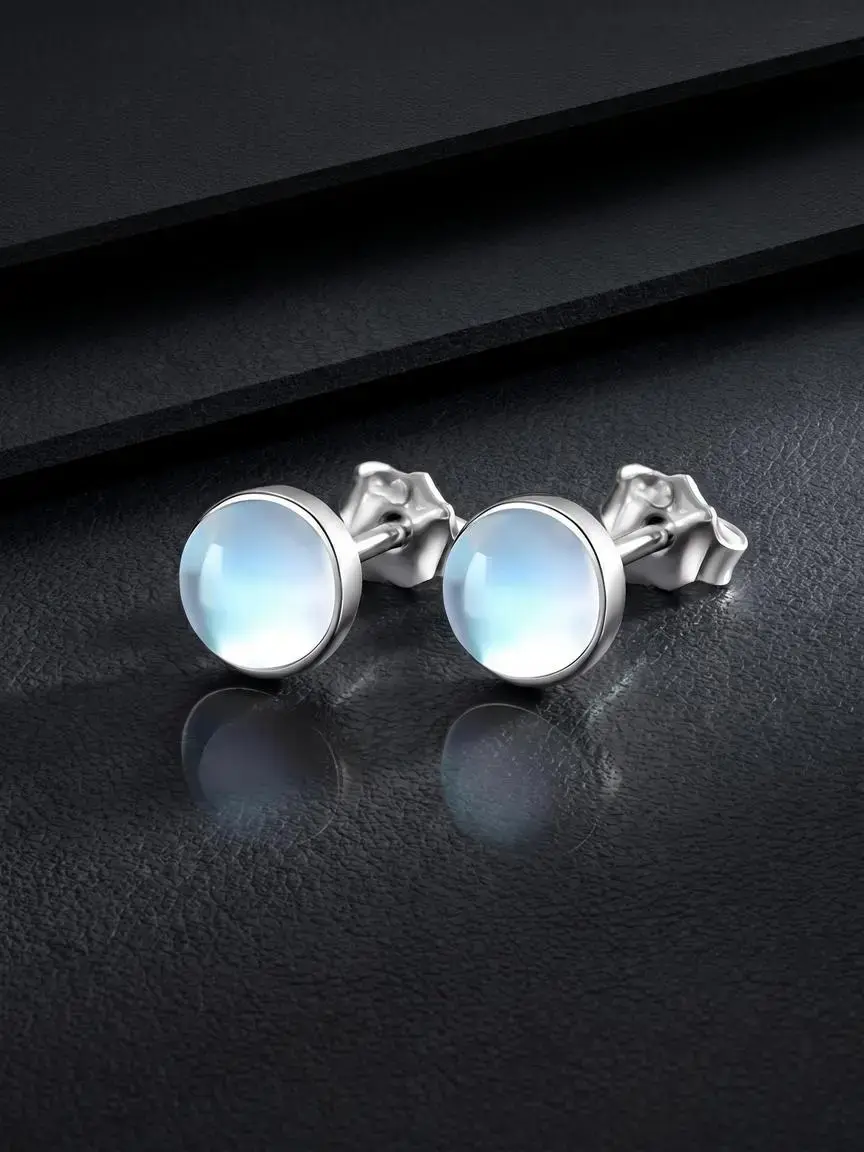 Elegant Simple Round Moonstone Earrings Pretty Studs for Women, Fashion Nickel-Free Daily Wear, Hypoallergenic Sexy Ear Jewelry, Birthday Gift, Elegant Minimalist Earrings