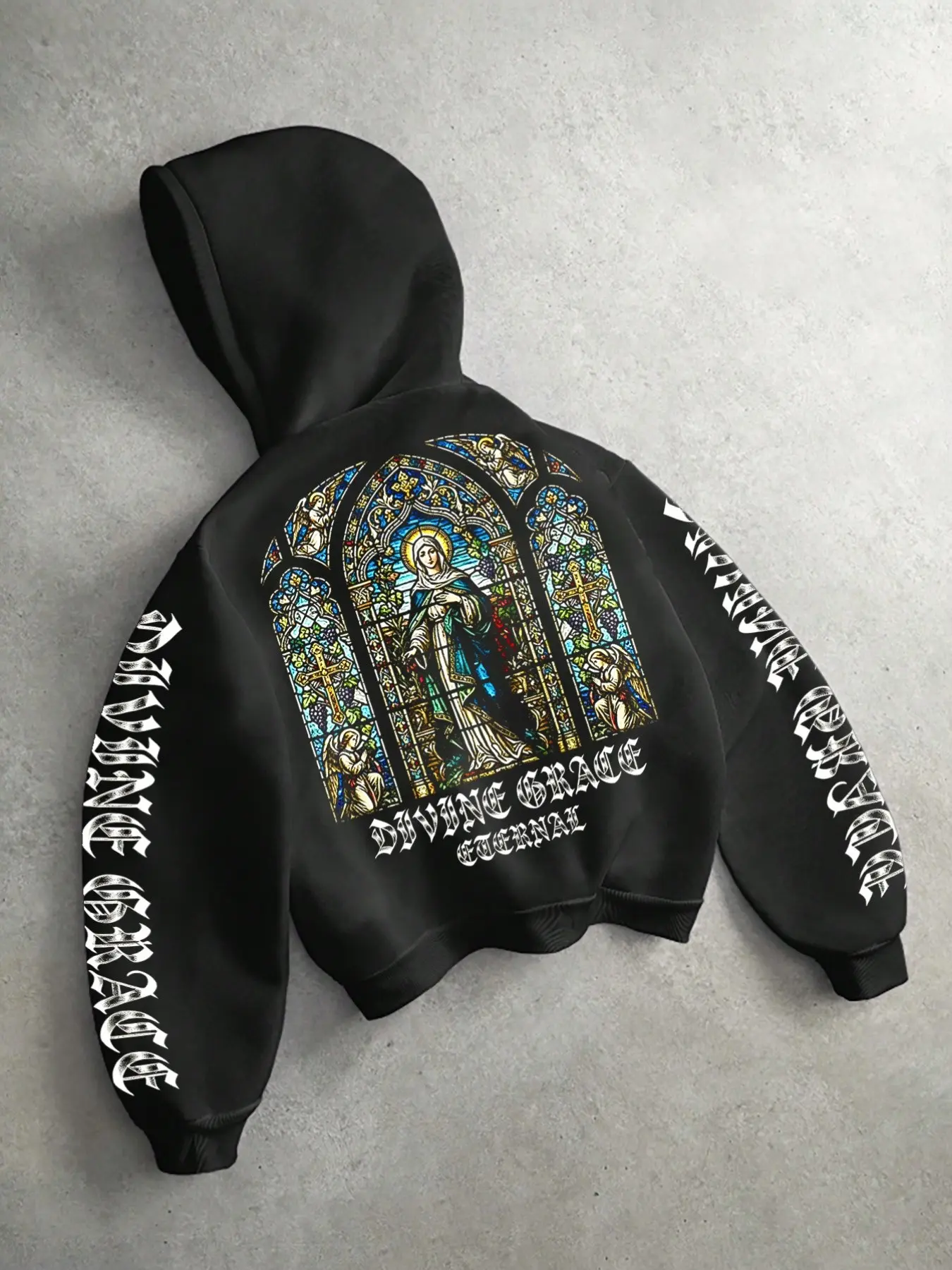 Oversized Y2K Gothic Hoodie Streetwear Virgin Mary Stained Glass Graphic Pullover Vintage Grunge Sweatshirt Statement Back Print Casual Daily Fall Winter