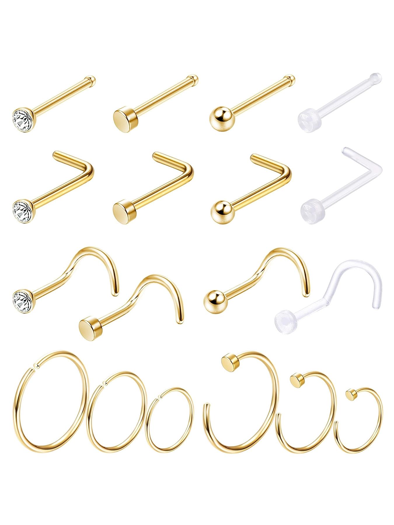 18pcs Stainless Steel Nose Ring, Nose Rings for Women & Men, Nose Cuff Rings, Transparent Nose Rings for Daily Wear, Trendy All-match & Exquisite Jewelry, Nose Piercing Jewelry for Birthday Gift