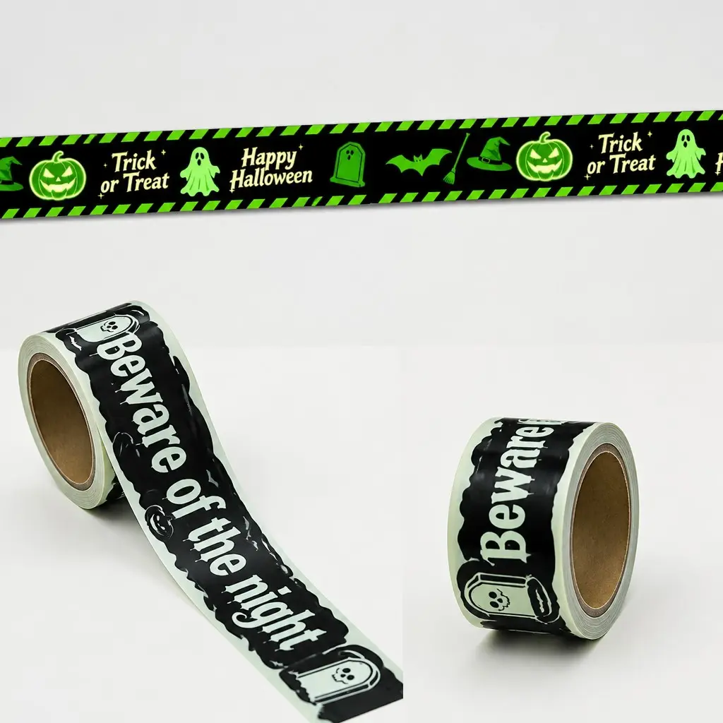 Glow in the Dark Halloween Caution Tape, 2" x 6.5Ft Luminous Warning Tape, Trick or Treat & Beware of the Night Halloween Decorations for Haunted House Yard Window Stair DIY Party Props