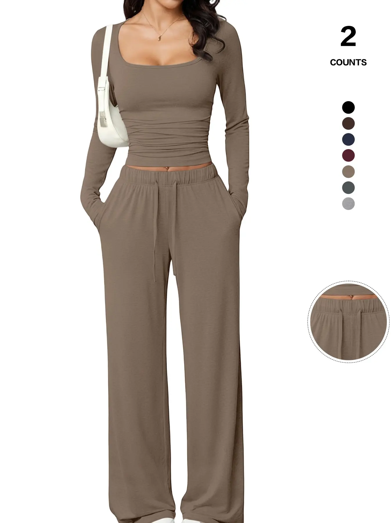Alluring Square Neck Two-Piece Set | Ruched Long Sleeve Crop Top & Drawstring Wide Leg Pants | Sexy Yet Comfy Urban Everyday Loungewear for Home & Street