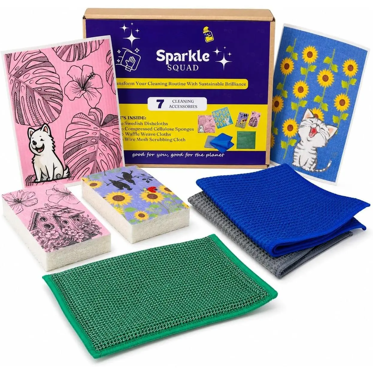 Cleaning Kit - 7 Items: 2 Swedish Dishcloths, 2 Compressed Cellulose Sponges, 2 Glass Cleaning Cloths, 1 Mesh Scrubbing Cloth (No Metal) | Low-, -Based Essentials