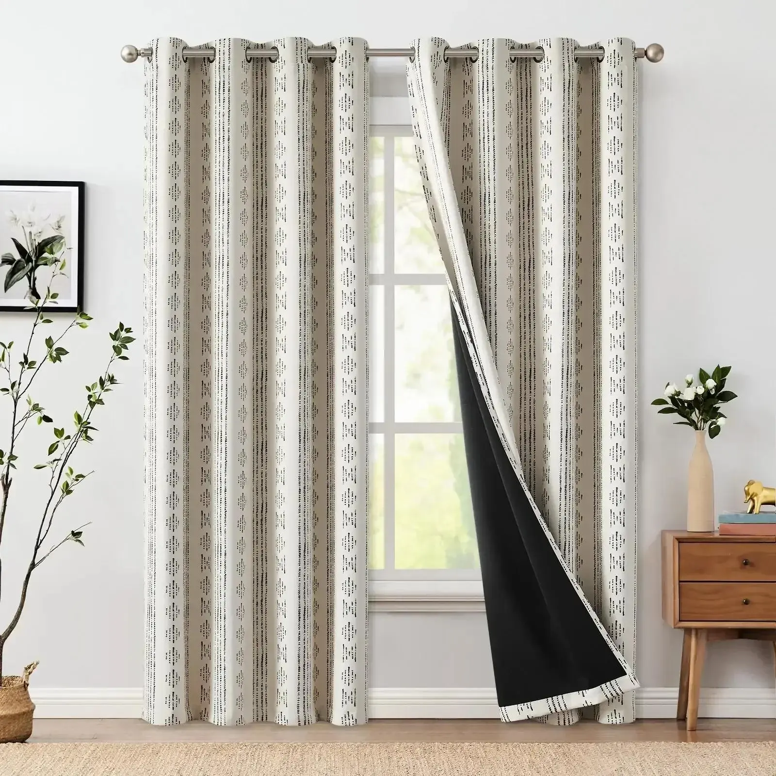Bohemian 2-Piece Light-Toned Vertical-Stripe Geometric Grommet Curtains, Indoor Patio Door Curtains That Reduces Noise, Textured Curtains, Bohemian Curtains