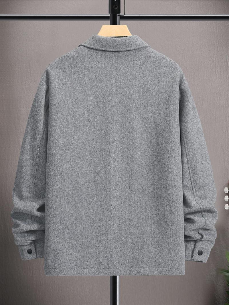 Men's Solid Button Front Pocket Jacket, Regular Fit Casual Collared Long Sleeve Outerwear, Men's Clothes for Daily Wear