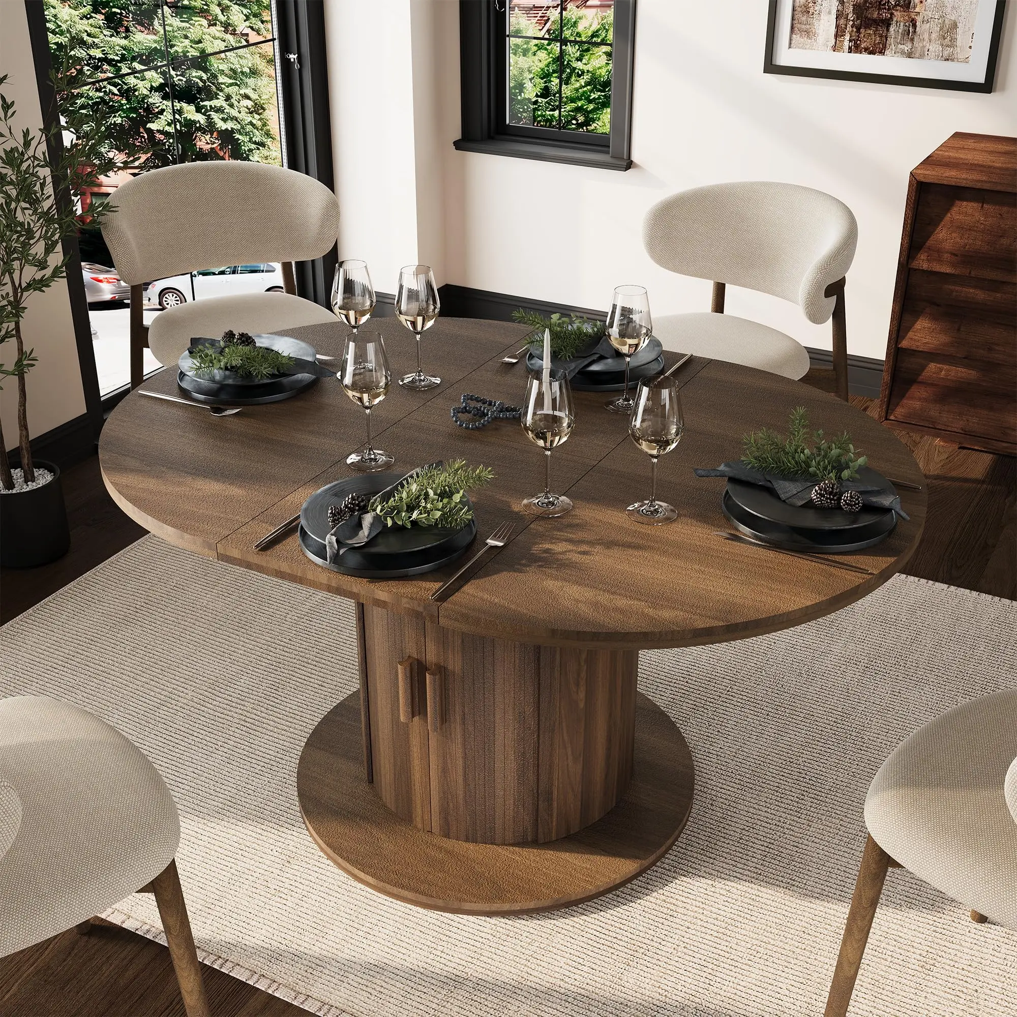 Extendable Oval Dining Table with Roller Shutter Storage - Space-Saving MDF Kitchen & Dining Room Furniture