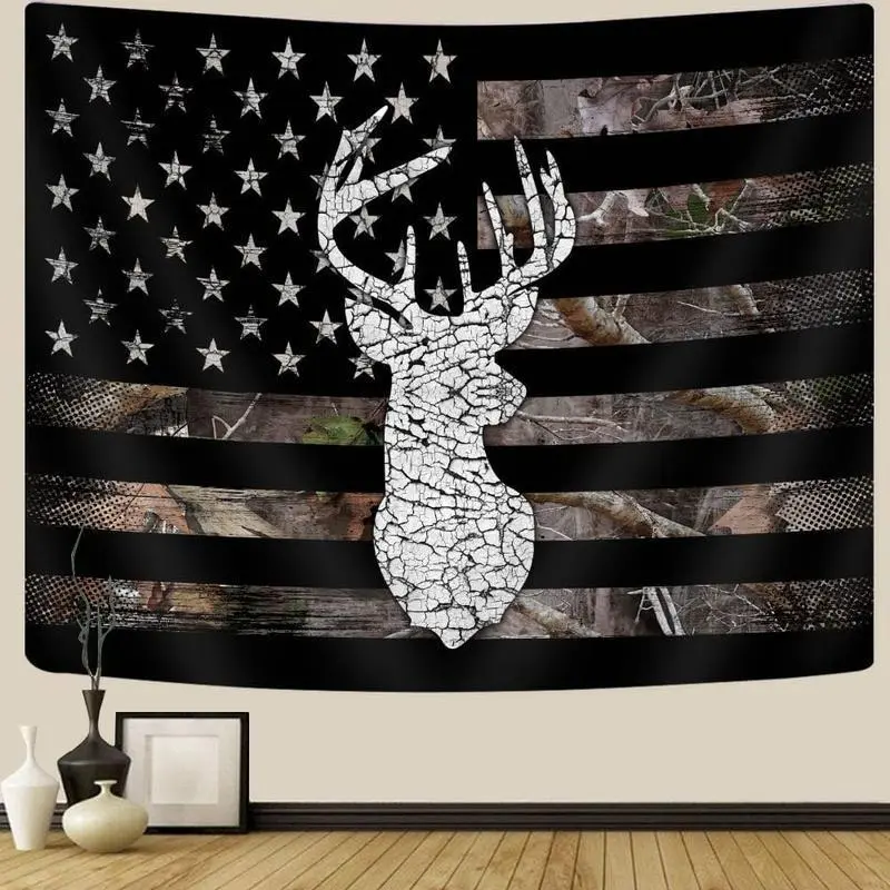 Western Hunting Theme Velvet Tapestry - Black and White American Flag, Peach Camouflage Print, Deer Head Silhouette Decorative Home Wall Decor for Men’s Room, Outdoor-Inspired Home Inspo Accent