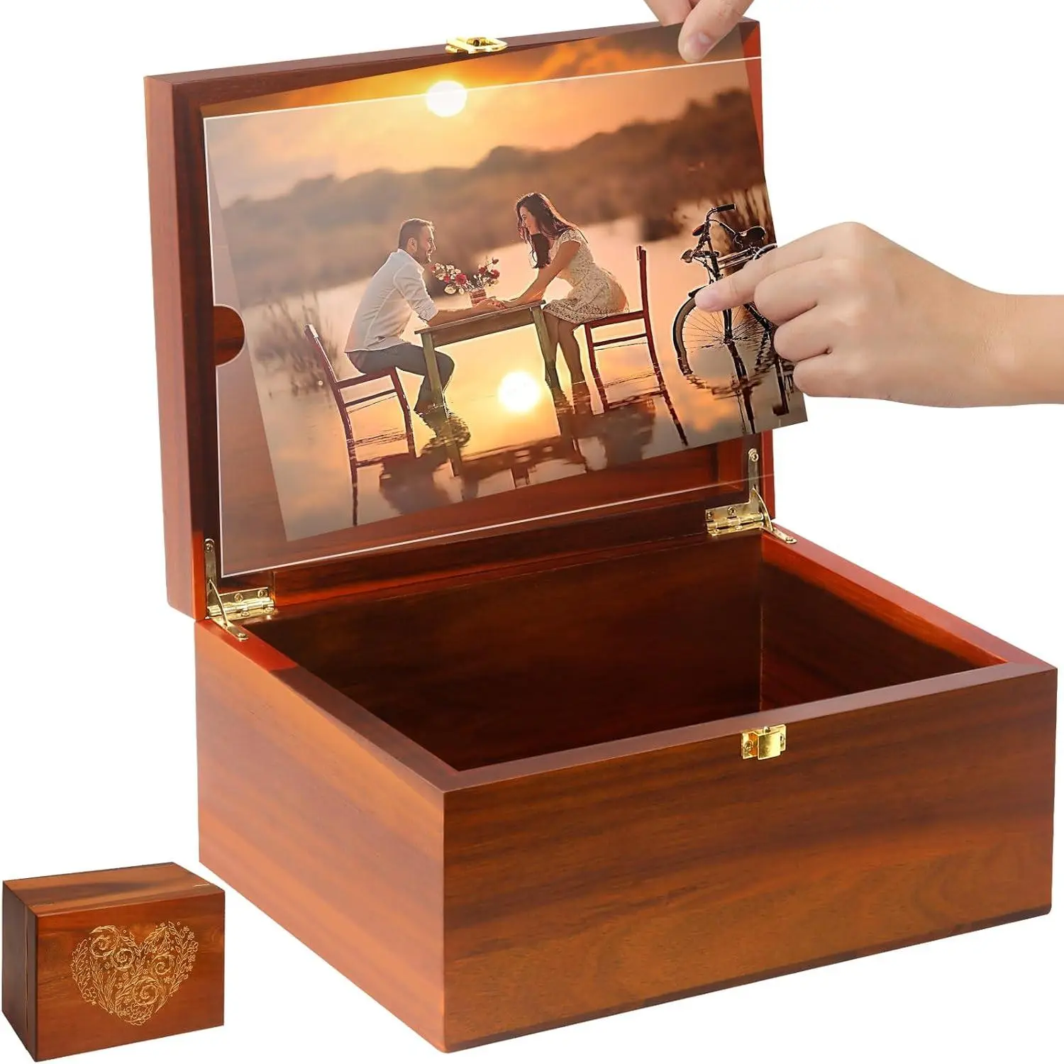Large Wooden  Box with Hinged Lid and Photo Frame - Elegant Wedding Memory Box, Ideal for Photos, Letters, Time Capsules, Bride , Decorative Storage,5.5“*8.6”*11.3“