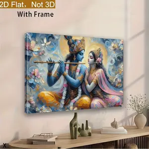 1-piece framed canvas wall art - Krishna and Radha flute scene, elegant Indian classical painting decoration, blue, pink, gold floral background - Recycled wood frame suitable for living room, office, wedding, Diwali - Ready-to-hang cultural home decor, h