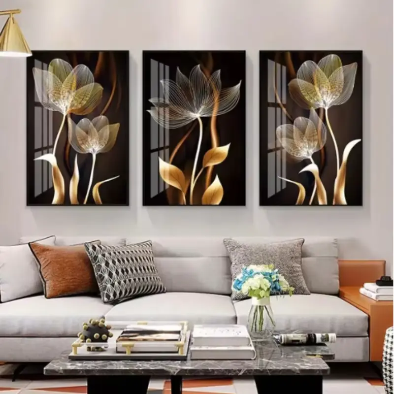 3pcs & Gold Floral Wall Art Canvas Paintings, Canvas Prints, Modern Abstract Home Decor Posters, Frameless Living Room Wall Decorations